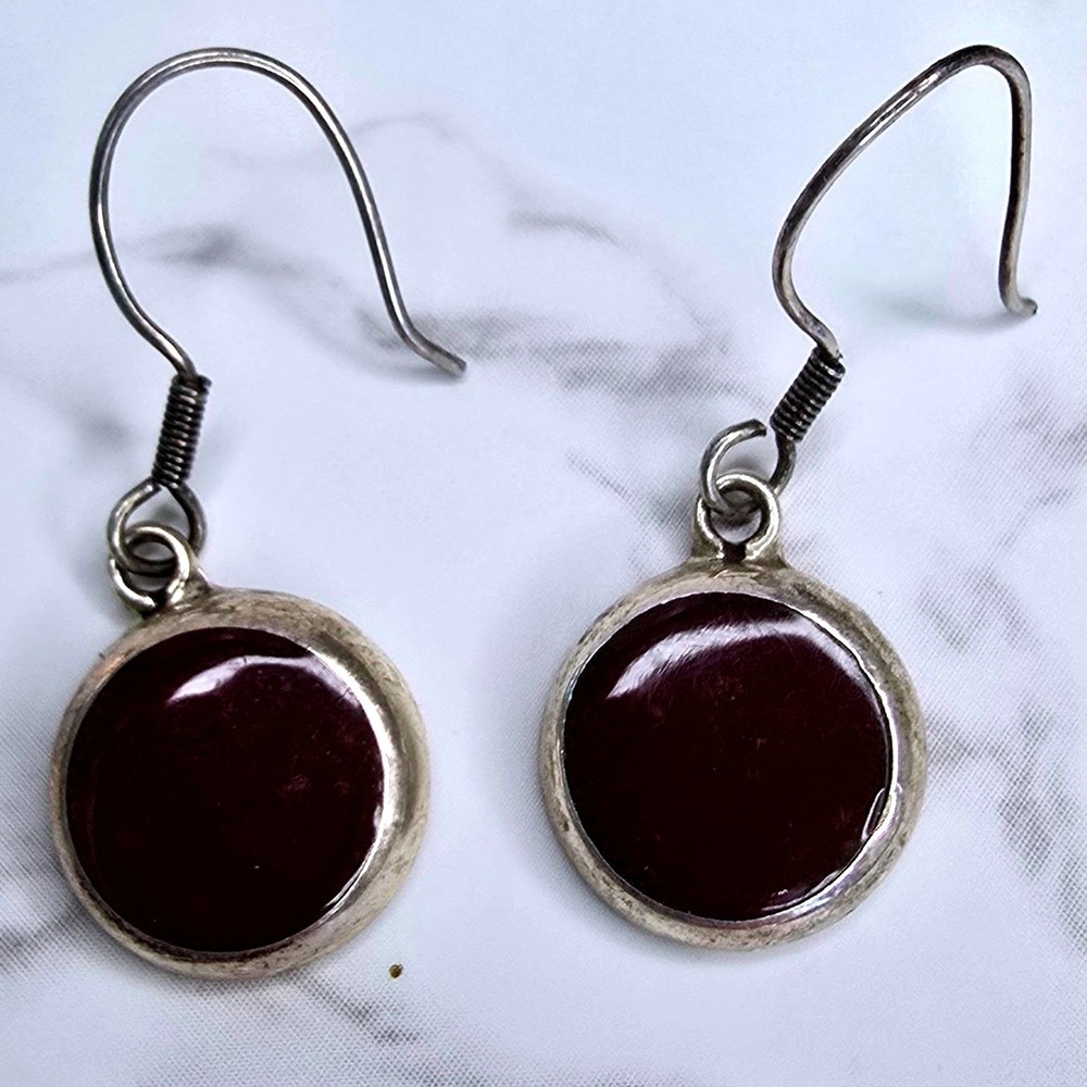 Vintage Mexican Sterling Silver 925 PGJ Reddish Brown Stone Dangle Earrings 1.5g